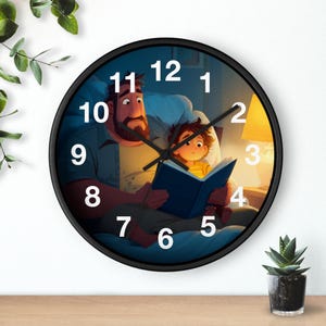 May include: Black round wall clock featuring an illustration of a father and child reading a book together. The clock face has white numbers and black hands. The image depicts a cozy bedtime scene with warm lighting.