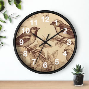 Botanical Bird Etching Wall Clock, Living Room Art Piece, Kitchen Wall Clock, Household Must Have, Christmas Gift Idea, Unique Timepiece