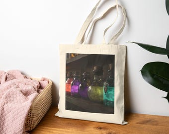 Potion Bottle Still-Life Tote Bag, Eco-Friendly Shopping Bag, Unique Gift for Art Lovers, Bohemian Style, Birthday, Halloween Bag