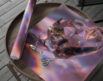 Crystal Heart Glow Wrapping Paper | Pink Purple Iridescent Hearts, Eco-Friendly Gift Wrap, Holiday Wrapping Paper, Christmas Essential