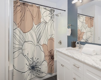Contour Flower Garden Shower Curtain | Minimal Beige Taupe Bathroom Essential, Gift for Couples, Home Accessories, Christmas Gift Idea