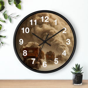 May include: Round wall clock with a black frame. The clock face features a sepia-toned image of vintage trucks driving through a dust storm. White numerals mark the hours, and black hands indicate the time.