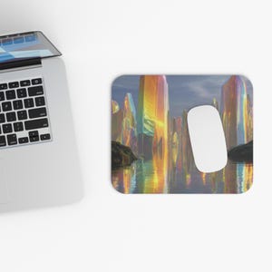 May include: A rectangular mousepad featuring a fantasy landscape with colorful, crystalline structures reflected in the water. A white computer mouse is positioned on the right side of the mousepad. The background shows a cloudy sky.