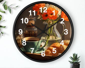 Reloj de pared con bandeja de desayuno / Café, Croissant, Amapolas, Pieza de arte para sala de estar, Reloj de pared para cocina, Imprescindible para el hogar, Idea de regalo