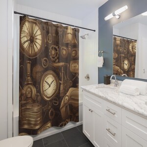 May include: A shower curtain featuring a dark brown and sepia-toned pattern of mechanical gears, clock faces, and vintage industrial machinery components. The design includes various circular dials, intricate cogwheels, and metallic hardware elements.