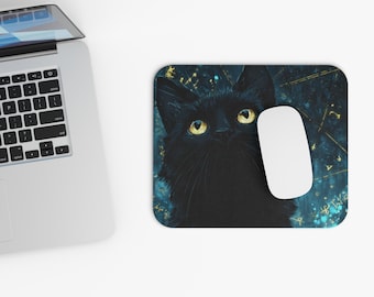 Runes Black Cat Mouse Pad | Cosmic Stars Night Sky, Office Desk Accessories, Christmas Gift, Desk Decor, Office Essential, Gift Idea