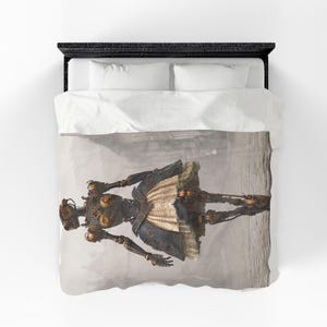 May include: A duvet cover featuring a graphic print of a mechanical figure with a dark metallic torso, brass-colored circular accents, and a layered skirt with a cream-colored ruffled hem, set against a muted, textured background.