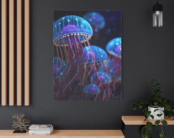 May include: A canvas print featuring a cluster of vibrant jellyfish. The jellyfish have translucent blue and purple bodies with long, flowing tentacles. The artwork has a dark background, enhancing the glowing effect of the jellyfish.