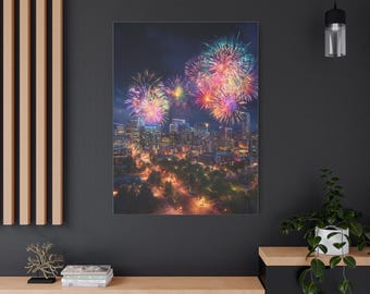 City Skyline Fireworks Canvas Wall Art, Gift for Art Lovers, Home Decor Essential, Christmas Gift Idea Living Room Artwork, Unique Gift