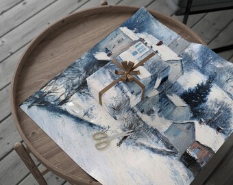 Papel de regalo tranquilo de Snowy Village, papel de regalo acogedor, papel de temporada para fiestas, Navidad, Año Nuevo, envoltorio elegante, lámina artística