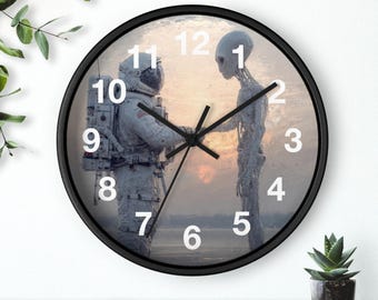 Relógio de Parede Aperto de Mãos Estelar | Ficção Científica Espacial, Pôr do Sol Retrô, Relógio de Parede para Cozinha, Item Essencial para a Casa, Ideia de Presente de Natal, Relógio Exclusivo
