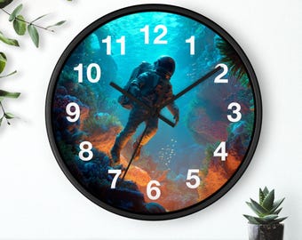 Alien Coral Cave Wall Clock | Ocean Diver Space Scuba Art, Kitchen Wall Clock, Household Must Have, Christmas Gift Idea, Unique Timepiece