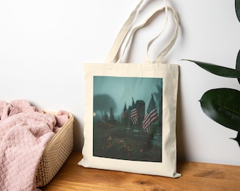 Flags by Gravestones Tote Bag - Eco-Friendly, Reusable Shopper, Memorial Day, Independence Day, Gift for Her, Vintage American Flag