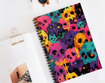 Neon Skull Pattern Spiral Notebook - Perfect for Halloween, Artistic Journaling, Gifts for Creatives, School Supplies, Unique Stationery