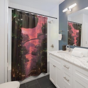 May include: A shower curtain featuring a fantasy landscape with floating islands, lush green foliage, and glowing lights against a vibrant pink and orange sunset sky. The design depicts a series of interconnected bridges spanning across the deep canyon.