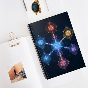 Op de afbeelding: Spiraalgebonden notitieboek met een donkerblauwe kaft met een geometrisch ontwerp in blauw, rood en geel. Het ontwerp heeft een centrale stervorm met verbindingslijnen en kleinere stervormen. Het notitieboek ligt open op een wit oppervlak.