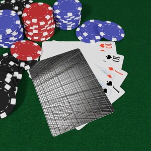May include: A poker scene with playing cards and poker chips. The cards show a ten of hearts, diamonds, spades, and clubs. Stacks of red, blue, and black and white poker chips are visible on a green felt surface.