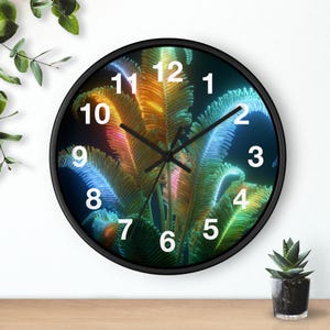May include: A circular wall clock with a black surround. The clock face displays a vibrant, abstract design in orange, yellow, green, and blue hues. White numerals indicate the hours. The clock hands are black.