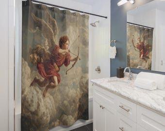 Classic Cupid Flight Shower Curtain, Vintage Angel Decor, Heavenly Bathroom Accessory, Spiritual Gift Idea, Shower Decor for Any Occasion