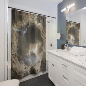May include: A shower curtain featuring a dark, stormy sky with bright white lightning bolts and a surreal, swirling clock face design in shades of brown, gray, and black, suspended from a black rod with metal rings in a bathroom setting.