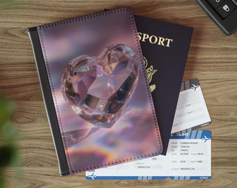 May include: A passport cover featuring a crystal heart design, a passport, and two airline tickets are displayed on a wooden surface. The passport cover has a black border and a purple and pink background. The passport is navy blue with gold lettering.