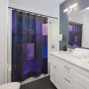 May include: A shower curtain featuring an abstract geometric pattern of overlapping rectangular shapes in various shades of deep blue, violet, and black. The design consists of solid color blocks with visible brushstroke textures throughout the fabric.