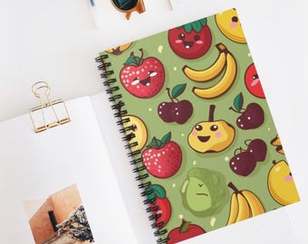 Cuaderno de espiral con frutas sonrientes / Manzanas, plátanos y cerezas kawaii, cuaderno de bocetos artístico, regalo de Navidad, material escolar, escritura creativa