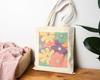 Kawaii Tropic Garden Tote Bag, Daisy Flower Print Tote Beach Bag, Grocery Market Tote, Christmas Gift Idea, Canvas Tote Bag