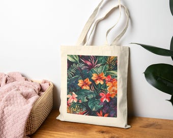 Tropical Bloom Splash Tote Bag | Botanical Beach Leaves Canvas Beach Bag, Grocery Market Tote, Christmas Gift Idea, Canvas Tote Bag