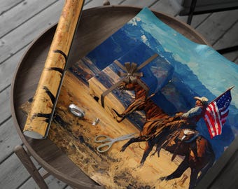 Cowboy Flag Rider Wrapping Paper | Western Scenic Gift Wrap Roll, Eco-Friendly Gift Wrap, Holiday Wrapping Paper, Christmas Essential