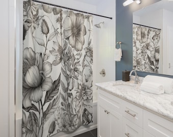 Ink Garden Scrolls Shower Curtain | Black White Flower Pattern, Bathroom Essential, Gift for Couples, Home Accessories, Christmas Gift Idea