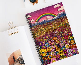 May include: Spiral-bound notebook featuring a vibrant illustration of a field of smiling flowers under a rainbow and a pink sky. The notebook has a black spiral binding and is open on a white surface.