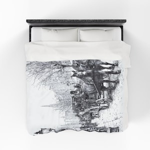 May include: Black and white illustration of a horse-drawn carriage on a city street. The detailed drawing depicts figures in period clothing, buildings, and trees, creating a vintage aesthetic. The artwork is printed on a white duvet cover.