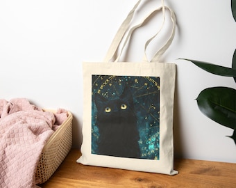 Runes Black Cat Tote Bag | Eco-Friendly Cotton Canvas, Tote, Cat Lover Gift, Witchy Aesthetic, Halloween Accessories, Daily Use Bag