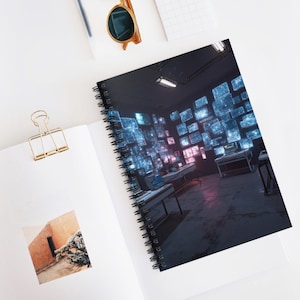 May include: A spiral-bound notebook featuring a futuristic interior design on the cover. The image shows a room filled with glowing screens, creating a digital, sci-fi aesthetic. The notebook is open on a white surface with a gold paper clip and sunglasses.