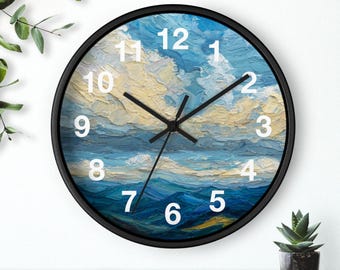 Reloj de pared con horizonte de Blue Ridge / Reloj con paisaje marino azul, pieza de arte para sala de estar, reloj de pared para cocina, artículo imprescindible para el hogar, idea de regalo