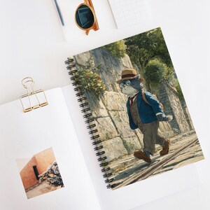 Puede incluir: Cuaderno de espiral con una ilustración caprichosa de un gato vestido con ropa vintage, caminando por un camino de piedra. El gato lleva sombrero, gafas y mochila. El cuaderno está abierto sobre una superficie blanca, con un clip dorado y gafas de sol.