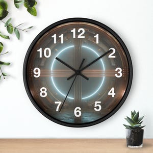 May include: A round wall clock with a black frame. The clock face features a brown and blue design with white numerals and black clock hands. A glowing blue circle and horizontal lines are in the center of the clock face.