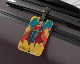 Etiqueta de equipaje de cómic de superhéroe, accesorio de viaje divertido, regalo único para viajeros, etiqueta de equipaje única, equipo de aventura, esencial de viaje