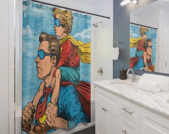Superhero Dad Flight Shower Curtain, Superhero Bathroom Decor, Kids Room Design, Fun Gift for Dad, Bright Colorful Shower Curtain