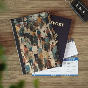 May include: A black passport cover with an illustration of a crowded airport scene, a navy blue passport, and two boarding passes. The passport cover is open, revealing the illustration. A car key is on the wooden surface.