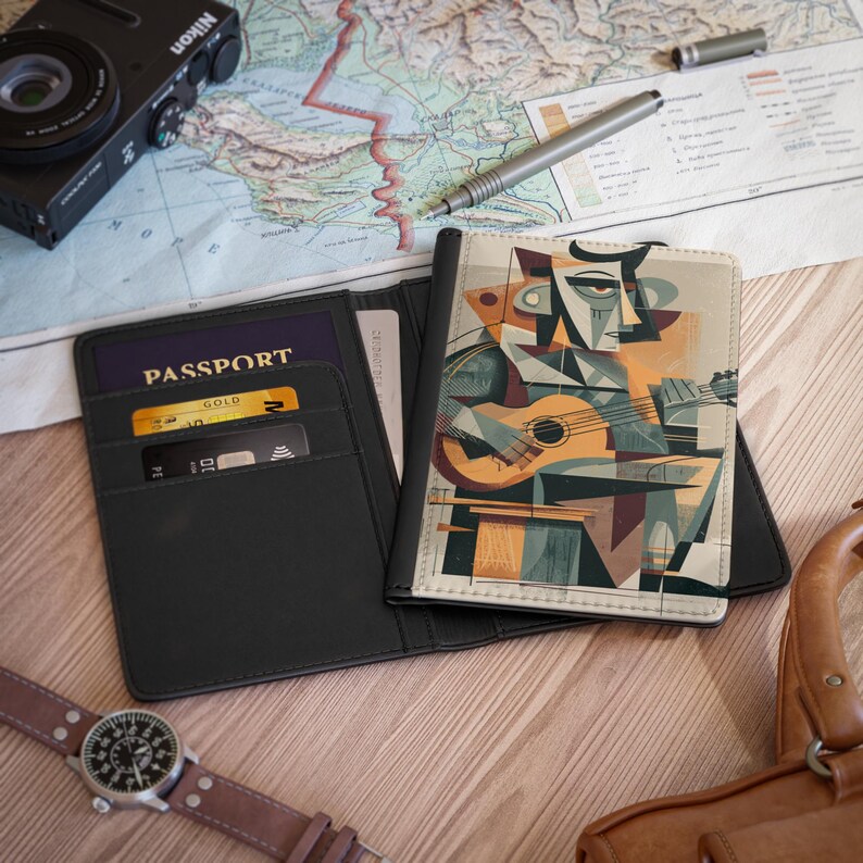 Funda para pasaporte/accesorio de viaje con diseño de guitarra y geometría, regalo para amantes de la música, artículos esenciales de viaje únicos, diario de aventuras, viajes de vacaciones imagen 2