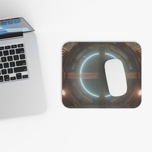 May include: A computer mouse and mousepad. The mousepad features a circular design with a light blue neon glow and a brown, metallic-looking background. A white computer mouse is positioned on the right side of the mousepad.