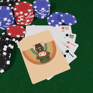 May include: A still life image of poker chips in red, blue, and black, and playing cards. A card with a leprechaun illustration is in the foreground. The playing cards show the number 10 and the suits of hearts, spades, and diamonds.