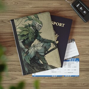 May include: Passport holder with a fantasy warrior illustration in green and beige tones. Beside it are a dark blue passport, two boarding passes, and a car key on a wooden surface.