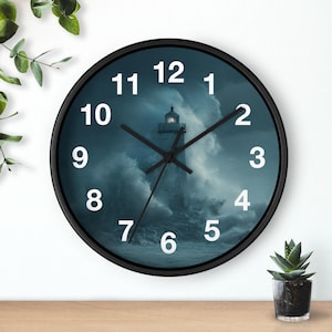Può includere: Un orologio da parete rotondo con cornice nera e un'immagine dai toni blu scuro di un faro circondato da onde che si infrangono. Il quadrante presenta grandi numeri bianchi senza grazie da 1 a 12 e lancette nere per ore, minuti e secondi.