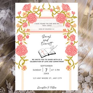 May include: Wedding invitation with floral design. The invitation features the names "Sarah and Everett" and the text "I have found the one who my soul loves." The date is September 7th at 3 PM. The invitation is decorated with pink roses and gold accents.