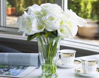 14" Real Touch Calla Lily and Rose Flower Arrangement: Clear Vase Faux Water Centerpiece