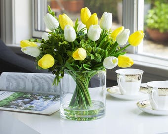 12" Mixed Real Touch Artificial Tulip Arrangement in Clear Glass Vase