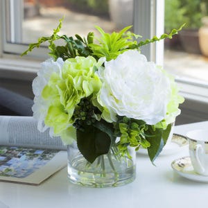 Mixed Artificial Hydrangea and Peony Flower Arrangement: 12&quot; Cream & Green Floral Centerpiece